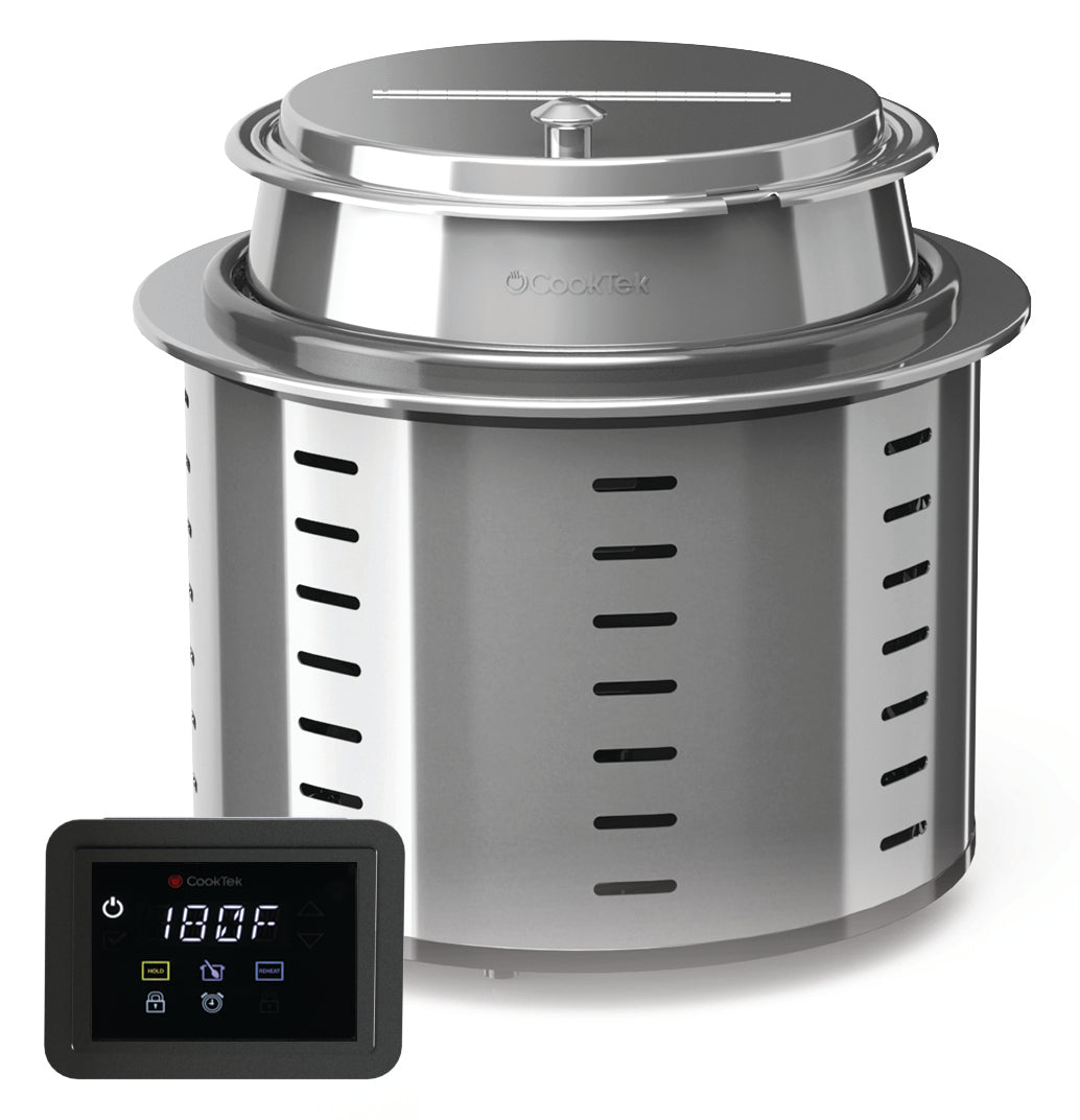 A stainless steel soup tureen commercial induction warmer with vent slits and a fitted lid. In the foreground is a black digital control panel showing settings, including temperature (180°F), digital icons, and programmable stir notification functions.