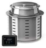 A stainless steel soup tureen commercial induction warmer with vent slits and a fitted lid. In the foreground is a black digital control panel showing settings, including temperature (180°F), digital icons, and programmable stir notification functions.