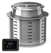 A stainless steel soup tureen commercial induction warmer with vent slits and a fitted lid. In the foreground is a black digital control panel showing settings, including temperature (180°F), digital icons, and programmable stir notification functions.