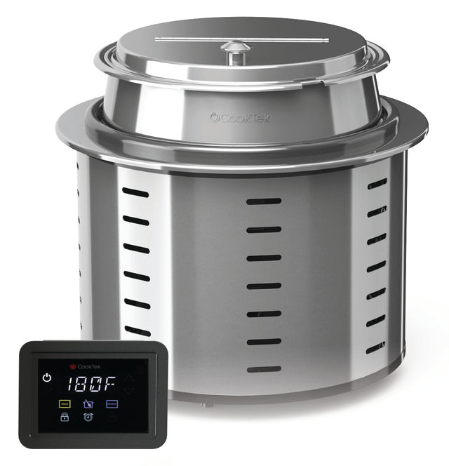 A stainless steel soup tureen commercial induction warmer with vent slits and a fitted lid. In the foreground is a black digital control panel showing settings, including temperature (180°F), digital icons, and programmable stir notification functions.