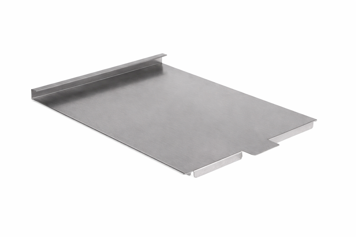 A flat, rectangular sheet of brushed metal with raised edges on three sides and a small rectangular notch on one edge, photographed on a white background. This stainless steel tank cover features a smooth, matte finish.