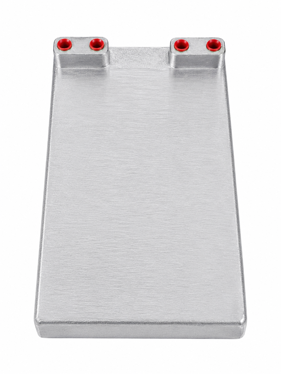 A flat, rectangular cold plate with a smooth surface, featuring four small circular holes lined with red on one end. The plate’s slightly raised edges and plain white background highlight the integrated stainless steel tubing by Micro Matic.