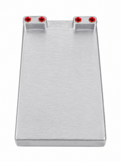 A flat, rectangular cold plate with a smooth surface, featuring four small circular holes lined with red on one end. The plate’s slightly raised edges and plain white background highlight the integrated stainless steel tubing by Micro Matic.