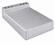 A rectangular, silver metallic cold plate with a textured surface. One end is raised vertically, featuring six evenly spaced circular holes along the top edge. The plain white background highlights its industrial, machined appearance and stainless steel tubing.