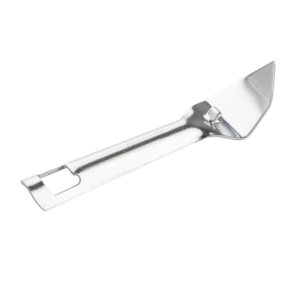 A stainless steel paint can opener with a flat, angled tip for prying open lids and a rounded handle. The simple, single-piece tool is silver in color and placed on a white background.