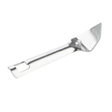 A stainless steel paint can opener with a flat, angled tip for prying open lids and a rounded handle. The simple, single-piece tool is silver in color and placed on a white background.