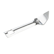 A stainless steel paint can opener with a flat, angled tip for prying open lids and a rounded handle. The simple, single-piece tool is silver in color and placed on a white background.