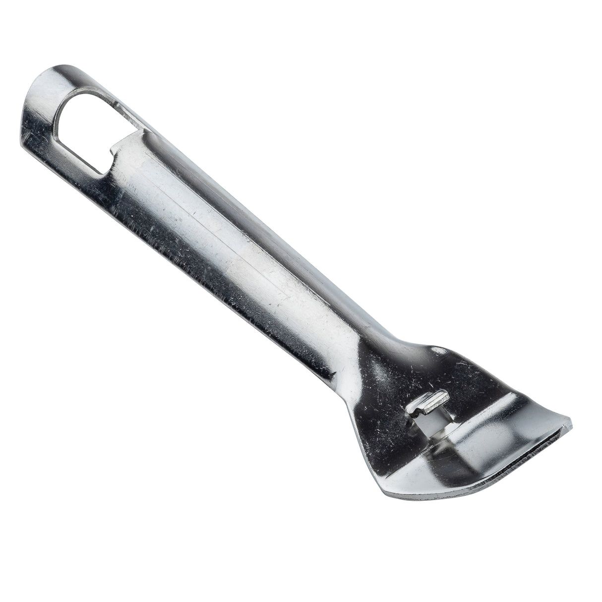 A stainless steel paint can opener with a flat, angled edge for prying lids, a small slot for opening bottle caps, and a hole at the handle’s end for hanging. The tool features a shiny finish and is dishwasher safe, isolated on a white background.