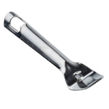 A stainless steel paint can opener with a flat, angled edge for prying lids, a small slot for opening bottle caps, and a hole at the handle’s end for hanging. The tool features a shiny finish and is dishwasher safe, isolated on a white background.