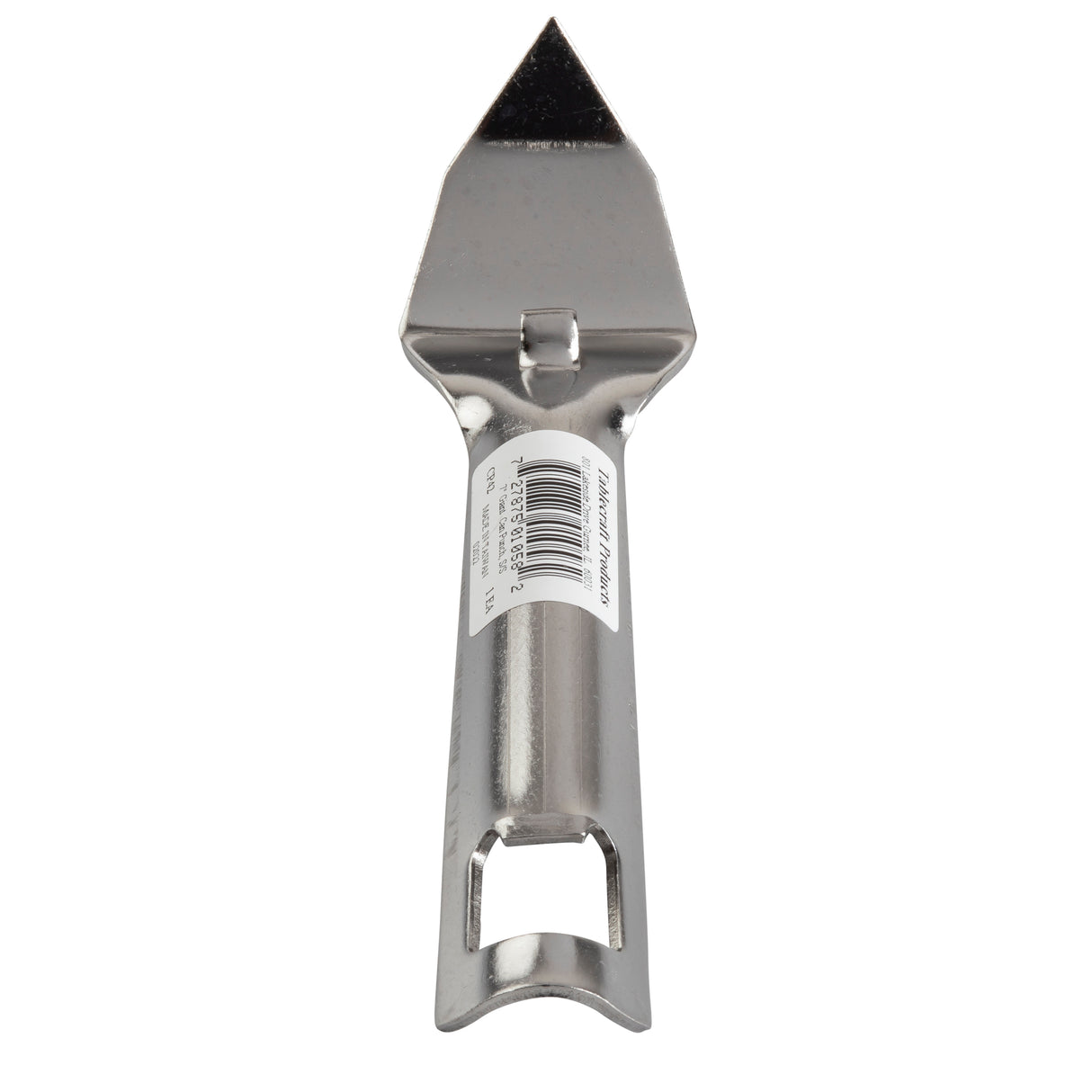 A stainless steel can opener with a pointed triangular can punch blade and a sturdy handle, featuring a barcode sticker on top. The handle includes an integrated bottle opener cutout at its base. The entire tool is dishwasher safe and silver in color.