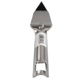 A stainless steel can opener with a pointed triangular can punch blade and a sturdy handle, featuring a barcode sticker on top. The handle includes an integrated bottle opener cutout at its base. The entire tool is dishwasher safe and silver in color.