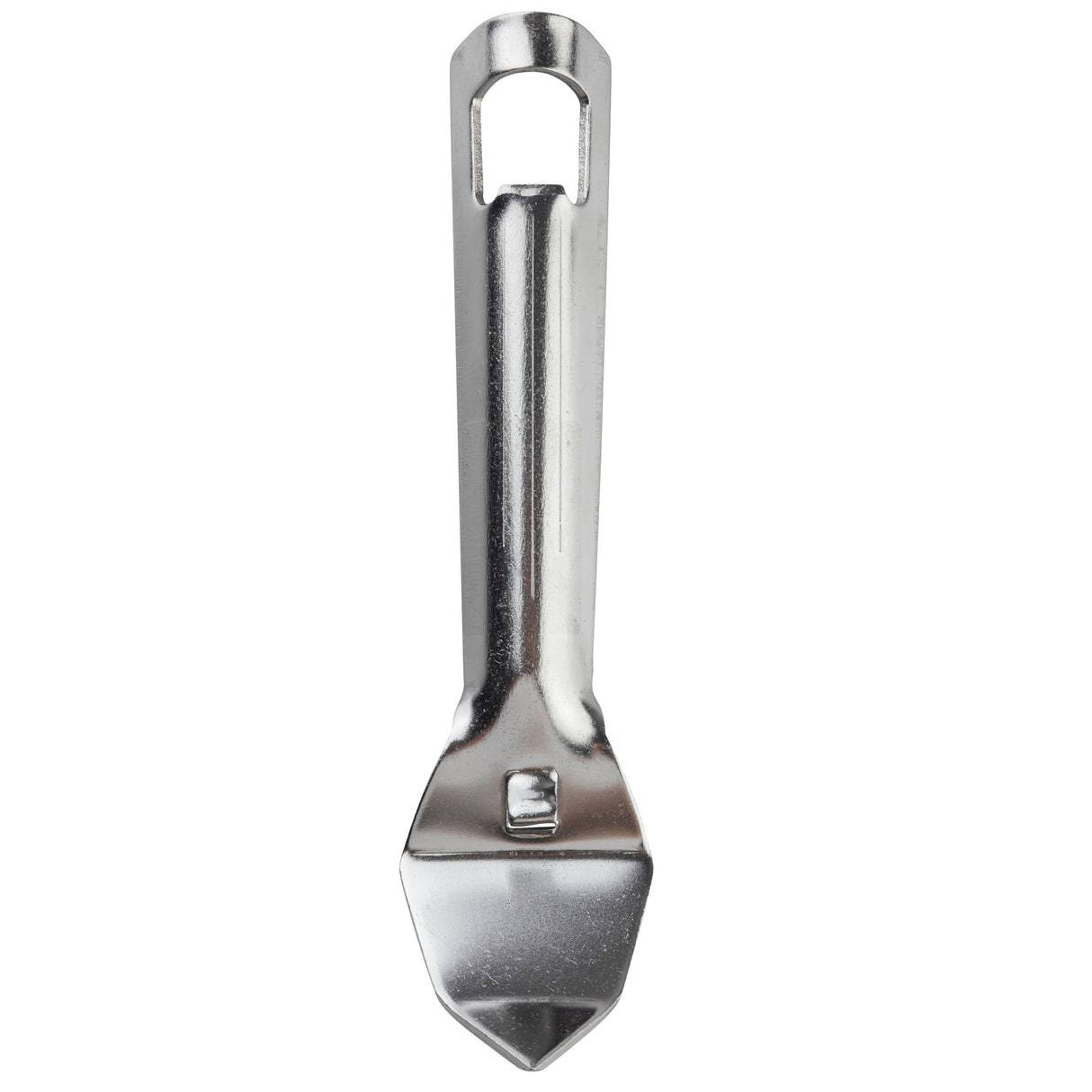 A stainless steel can opener with a pointed tip, flat cutting edge, and rectangular hole for hanging. The simple, functional design is dishwasher safe and made of shiny silver metal, photographed against a plain white background.