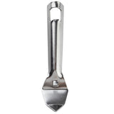 A stainless steel can opener with a pointed tip, flat cutting edge, and rectangular hole for hanging. The simple, functional design is dishwasher safe and made of shiny silver metal, photographed against a plain white background.