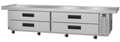 The Hoshizaki Steelheart commercial undercounter refrigerator features four spacious stainless steel drawers with black handles, mounted on wheels. The right side has ventilation grilles and a digital display, while the flat top serves as a refrigerated equipment stand.