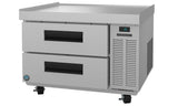 A stainless steel refrigeration undercounter Hoshizaki model featuring two pull-out drawers, a digital temperature display at 33°F, ventilation grilles, and four caster wheels. Ideal as a refrigerated equipment stand in any commercial kitchen.