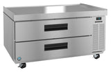 A stainless steel Steelheart Refrigerated Equipment Stand with two large pull-out drawers, right-side ventilation, digital temperature display, and four caster wheels for mobility. The Hoshizaki CR49A features a flat top and durable, industrial design.