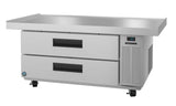 A Hoshizaki refrigerated equipment stand, this stainless steel prep table features two large drawers, black handles, four wheels, a digital 33°F display, right-side ventilation grates, and a raised back and sides on the work surface.