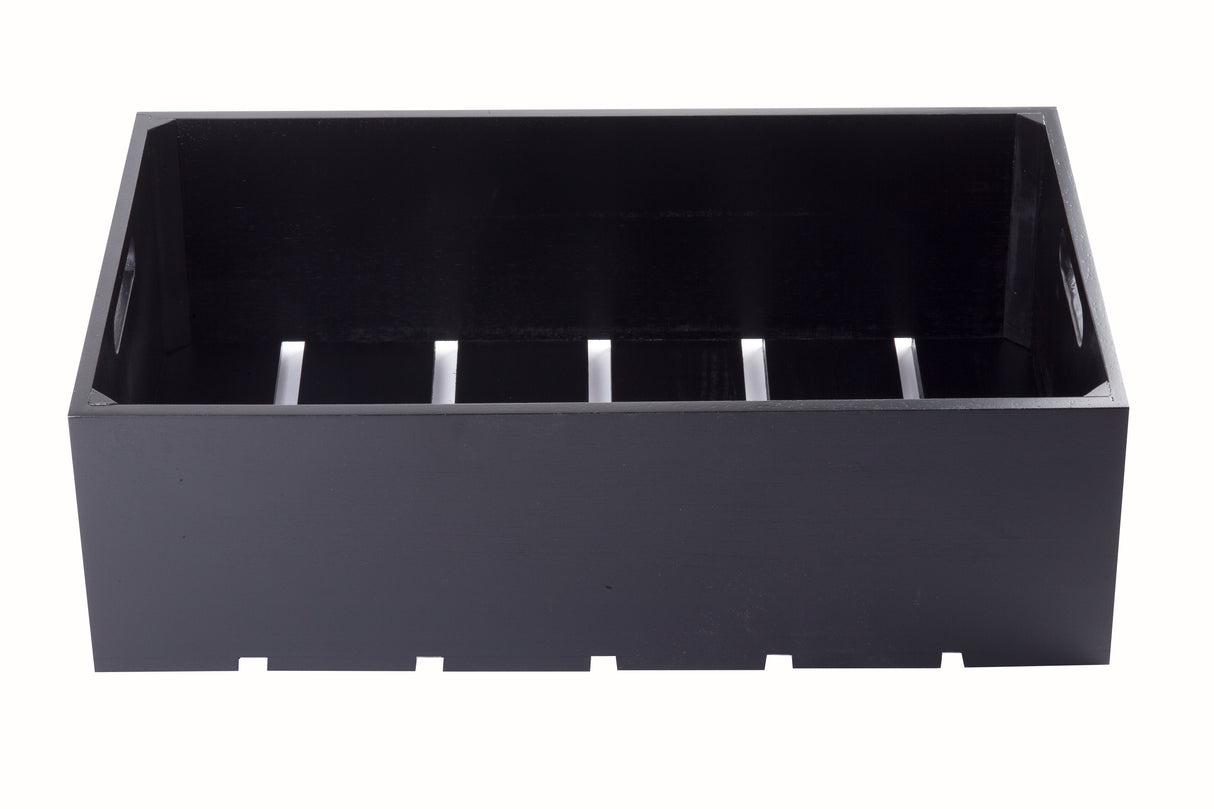 A black, rectangular Gastro Serving Crate with five vertical dividers and six evenly spaced notches along the front edge. The open-top crate features cut-out handles on each side and is photographed against a white background.