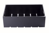 A black, rectangular Gastro Serving Crate with five vertical dividers and six evenly spaced notches along the front edge. The open-top crate features cut-out handles on each side and is photographed against a white background.