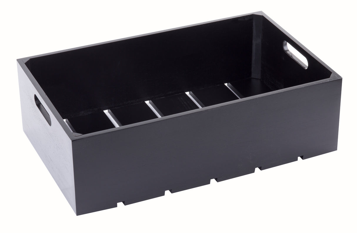 A rectangular black wooden Display Crate with four compartments and cut-out handles on each short side. The box has straight edges and a smooth finish, perfect for stylish food presentation against a white background.