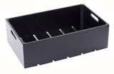 A rectangular black wooden Display Crate with four compartments and cut-out handles on each short side. The box has straight edges and a smooth finish, perfect for stylish food presentation against a white background.