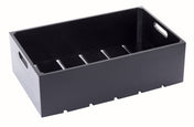 A rectangular black wooden Display Crate with four compartments and cut-out handles on each short side. The box has straight edges and a smooth finish, perfect for stylish food presentation against a white background.