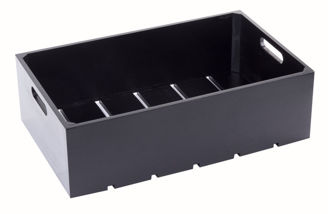 A rectangular black wooden Display Crate with four compartments and cut-out handles on each short side. The box has straight edges and a smooth finish, perfect for stylish food presentation against a white background.