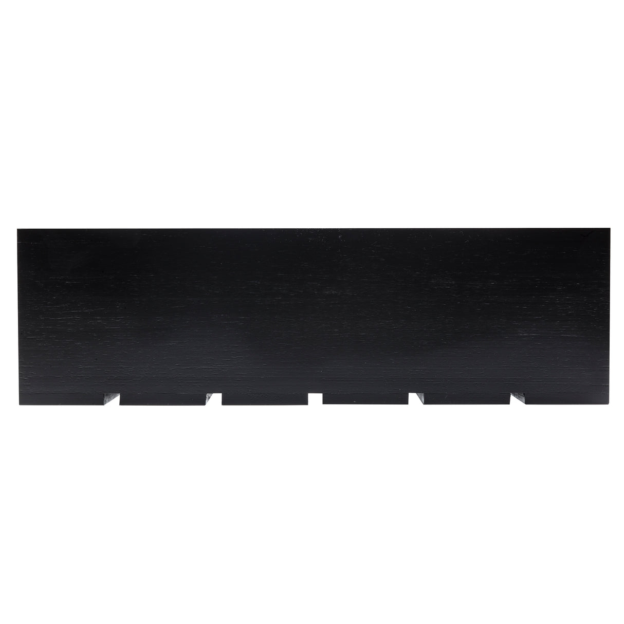A rectangular, flat, black wooden Display Crate with five evenly spaced rectangular notches cut out along the bottom edge; the surface has a subtle wood grain texture.