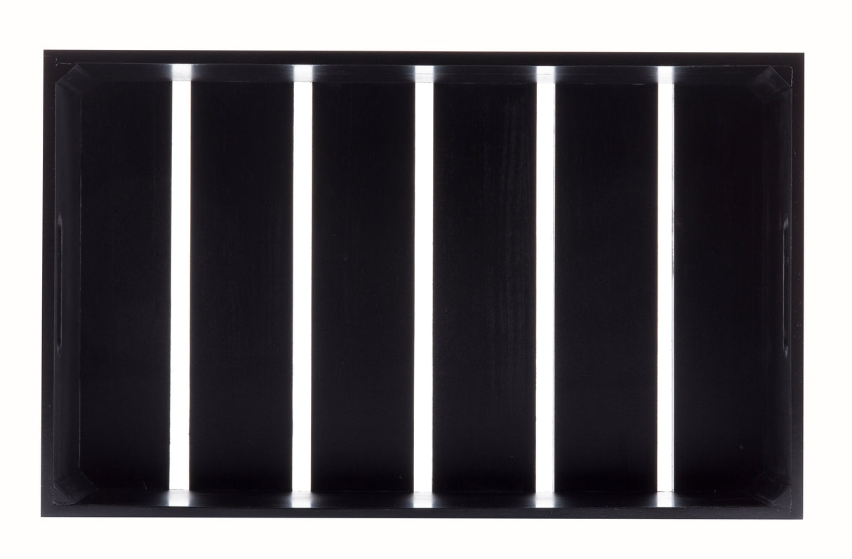 A black rectangular GN Pan with five evenly spaced vertical white stripes runs from top to bottom. The tray features handles on the shorter sides and a glossy finish, with the stripes creating a bold, contrasting pattern.