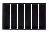 A black rectangular GN Pan with five evenly spaced vertical white stripes runs from top to bottom. The tray features handles on the shorter sides and a glossy finish, with the stripes creating a bold, contrasting pattern.