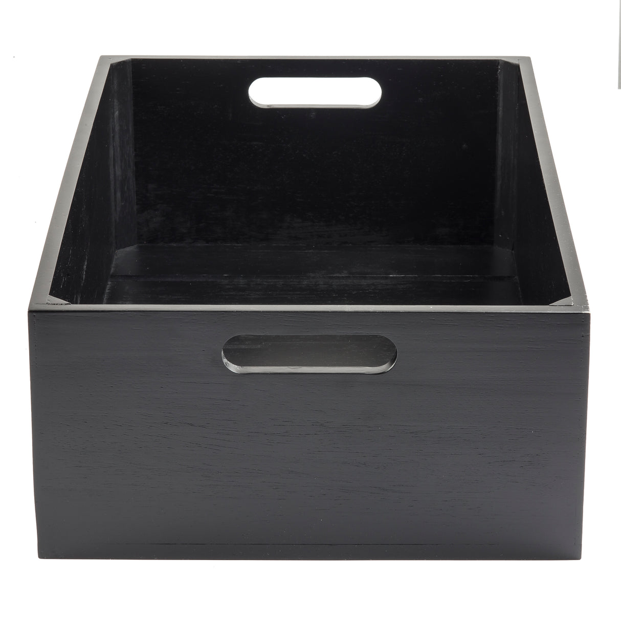 A rectangular, black wooden Display Crate with high sides and cutout handles on the front and back panels. The interior is empty, featuring a smooth, polished finish. Perfect as a stylish storage bin or Gastro Serving Crate, photographed on a white background.
