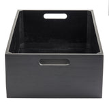 A rectangular, black wooden Display Crate with high sides and cutout handles on the front and back panels. The interior is empty, featuring a smooth, polished finish. Perfect as a stylish storage bin or Gastro Serving Crate, photographed on a white background.