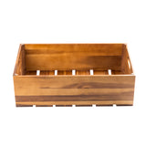 A rectangular, full size Gastro Serving Crate crafted from acacia wood with open slats on the bottom and smooth, polished sides. The crate is empty, showcasing its natural wood grain finish and two cut-out handles against a plain white background.