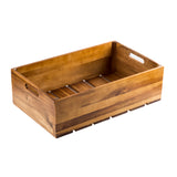 A full size rectangular Gastro Serving Crate made of smooth, polished acacia wood with two handle cutouts on opposite sides. The crate features slatted bottom panels and is empty, positioned on a white background.