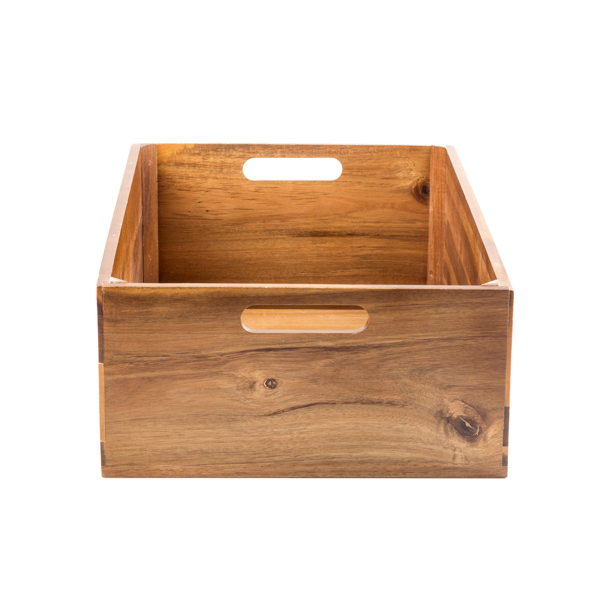 A full size rectangular wooden crate with a natural finish, visible acacia wood grain, and cut-out handles on the front and side panels, shown against a plain white background. The empty Gastro Serving Crate is positioned facing forward.