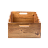 A full size rectangular wooden crate with a natural finish, visible acacia wood grain, and cut-out handles on the front and side panels, shown against a plain white background. The empty Gastro Serving Crate is positioned facing forward.