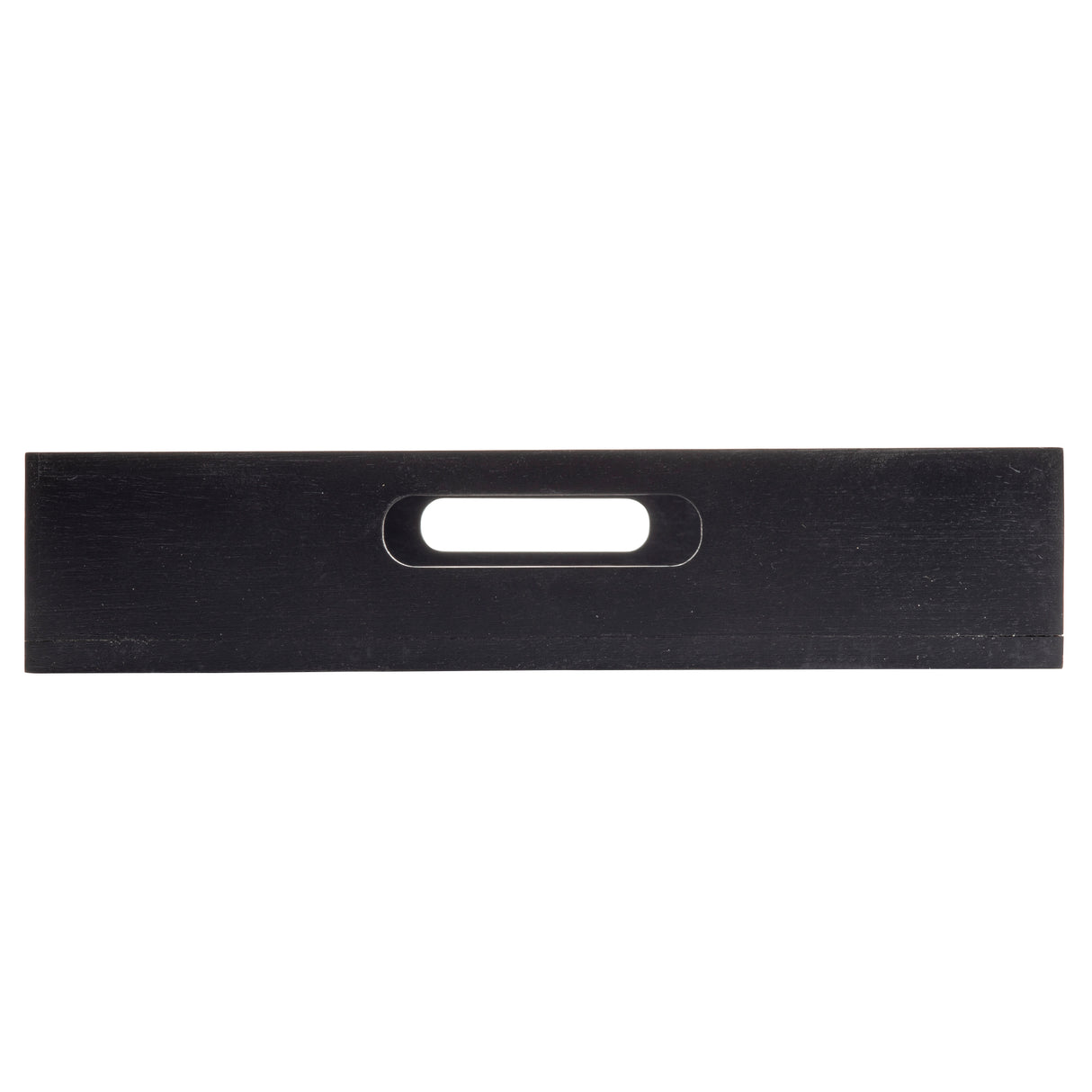 A rectangular black metal bar with a rounded rectangular cut-out handle in the center. The smooth, matte surface resembles a sleek Display Crate, photographed against a white background with straight edges and sharp corners.