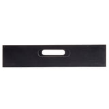 A rectangular black metal bar with a rounded rectangular cut-out handle in the center. The smooth, matte surface resembles a sleek Display Crate, photographed against a white background with straight edges and sharp corners.