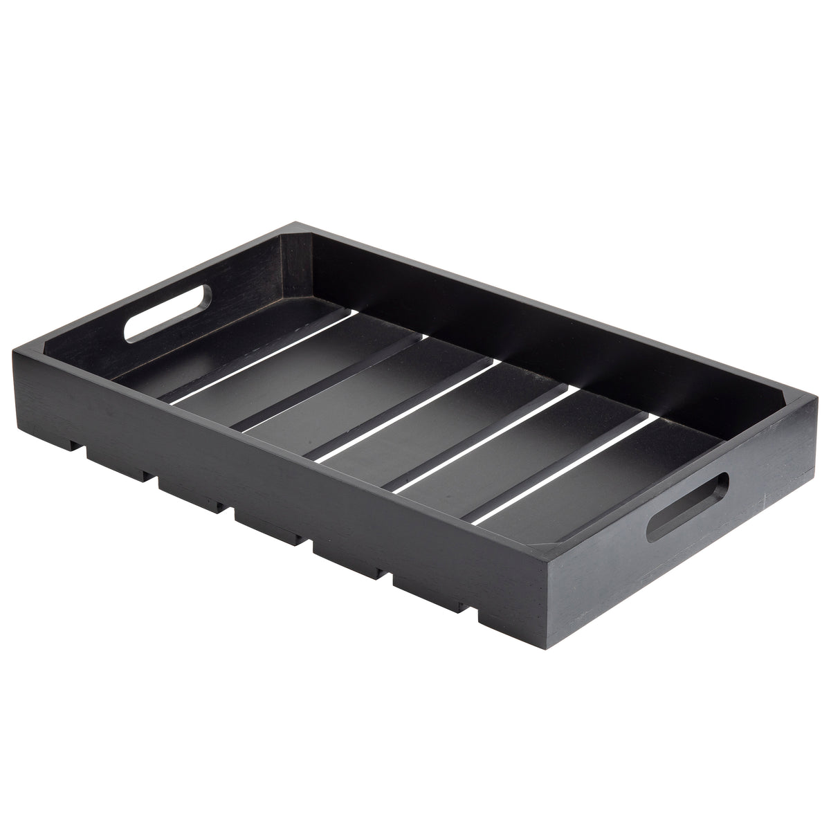 A rectangular black wooden Gastro Serving Crate with a slatted base, raised sides, and two oval cut-out handles on the shorter ends. The tray is empty and placed against a white background.