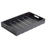A rectangular black wooden gastro serving crate with a slatted base and raised sides. Handles are cut into the shorter ends for easy carrying. The tray boasts a simple, modern design with a smooth, glossy finish.