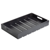 A rectangular black wooden gastro serving crate with a slatted base and raised sides. Handles are cut into the shorter ends for easy carrying. The tray boasts a simple, modern design with a smooth, glossy finish.