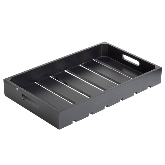 A rectangular black wooden gastro serving crate with a slatted base and raised sides. Handles are cut into the shorter ends for easy carrying. The tray boasts a simple, modern design with a smooth, glossy finish.