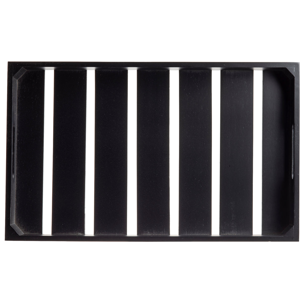A rectangular black Display Crate with six vertical slats creates evenly spaced gaps. The tray, designed as a 1/1 GN pan, has slightly slanted corners and two cut-out handles on the shorter sides. White background shows through the slats.