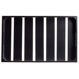 A rectangular black Display Crate with six vertical slats creates evenly spaced gaps. The tray, designed as a 1/1 GN pan, has slightly slanted corners and two cut-out handles on the shorter sides. White background shows through the slats.