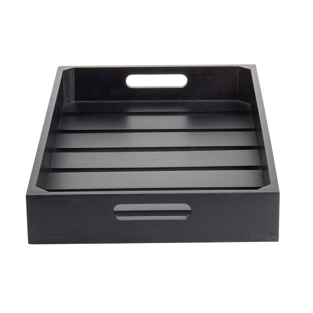 A rectangular black wooden Gastro Serving Crate features raised edges, two oval cut-out handles on the shorter sides, and a slatted base. Perfect as a stylish display crate, it sits against a plain white background.