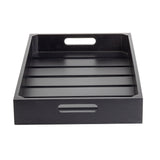 A rectangular black wooden Gastro Serving Crate features raised edges, two oval cut-out handles on the shorter sides, and a slatted base. Perfect as a stylish display crate, it sits against a plain white background.