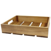 A rectangular Acacia Wood Crate with short sides and cut-out handles on each end. The tray features a slatted base of parallel planks and a natural wood finish, making it perfect as a Display Crate on a white background.