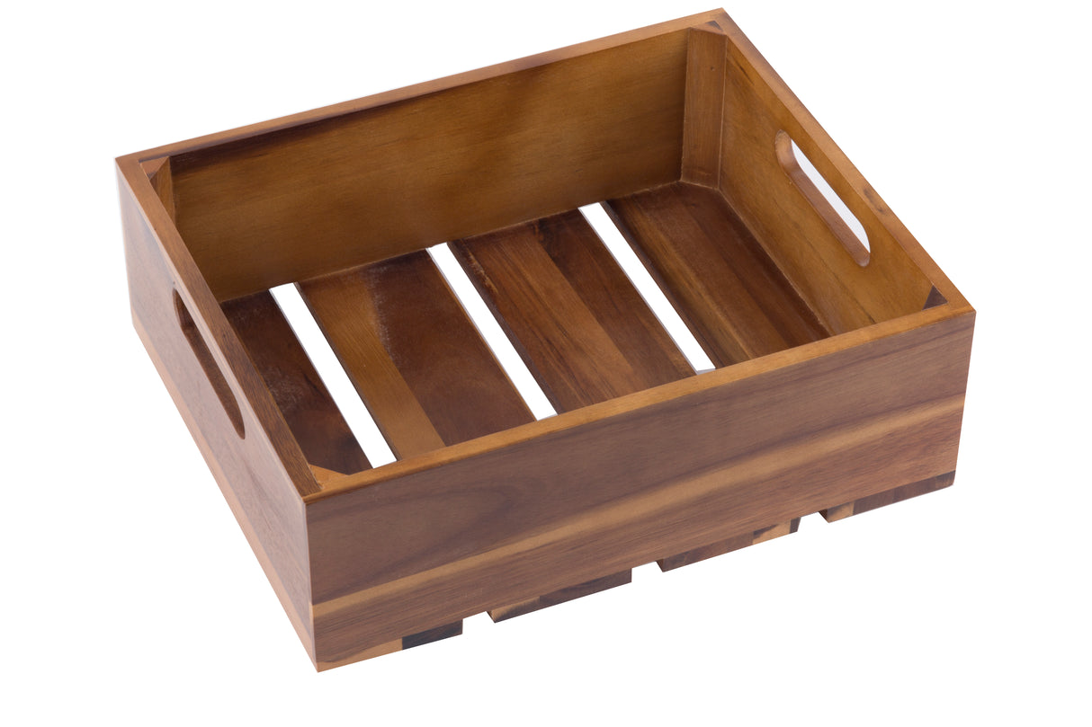 A rectangular Acacia Wood Crate with a simple, open design. Featuring smooth wooden slats on the bottom, two cut-out handles, and a polished natural finish, this display crate is perfect for stylish organization or serving.