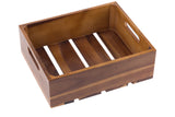 A rectangular Acacia Wood Crate with a simple, open design. Featuring smooth wooden slats on the bottom, two cut-out handles, and a polished natural finish, this display crate is perfect for stylish organization or serving.