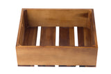 A rectangular Acacia Wood Crate with smooth, polished sides and three evenly spaced slats on the bottom. The crate is empty and viewed from a slightly elevated angle, revealing its open top, interior, and warm natural finish.